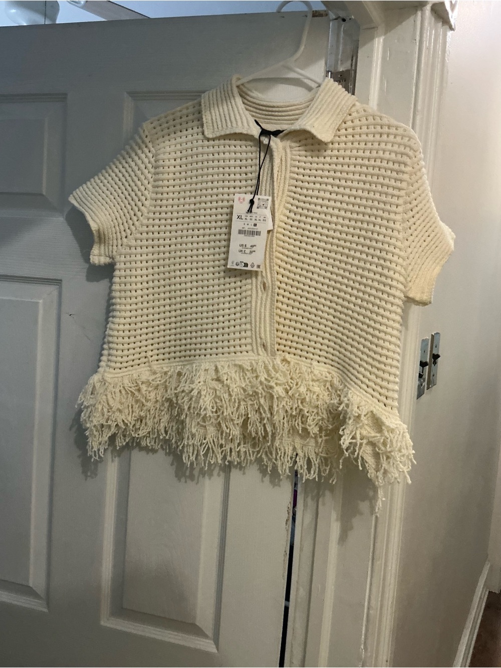 Zara Cream Short-Sleeve Knit Cardigan with Fringe